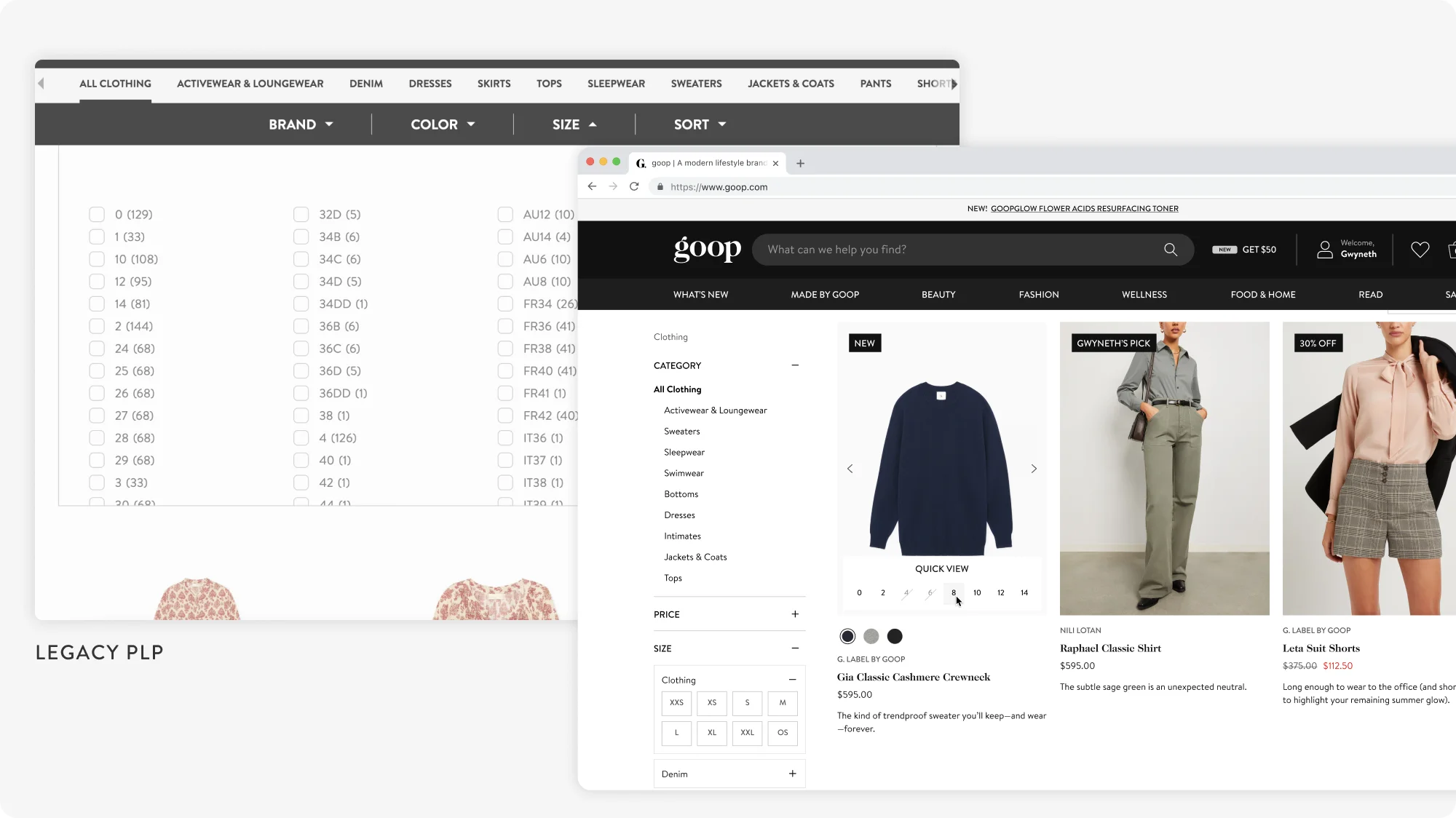 screen capture of goop product list page